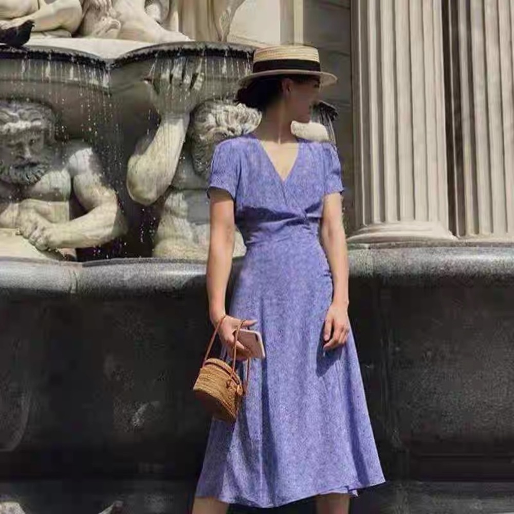 Realisation Par Teale Floral Silk Short Sleeve Tie Waist Wrap Midi Dress Purple - Picture 3 of 12